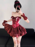 KYLTHOMASW  -  Sweet Hot Girl Halloween Suit Women's Autumn Strapless Top High Waist A-line Skirt Sleeve Cover Three-piece Set Female Clothes