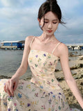 KIylethomasw Women Vintage Floral A-Line Holiday Beach Dresses Summer New Spaghetti Strap Big Hem One Piece Vestidos Female Casual Clothes