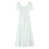 KYLETHOMASW  -  Holiday White Bow O neck Elastic Body Puff Sleeve Long Dress Women Slim Ruched Waist A-lined Swing Dresses Summer Robe Vestidos