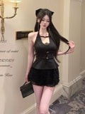 KYLETHOMASW  -  Sexy Set Women's Metal Buckle Halter Neck Top High Waist Shorts Two-piece Set Fashion Female Clothes