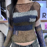 KYLETHOMASW  -  Y2K Vintage Hollow Out Sweater Women Sexy Patchwork Striped Knit Sweater Japanese 2000S Hole Pullover Aesthetics Crop Knit Tops