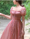 KYLETHOMASW  -  Elegant Vintage Floral Midi Dress Women Sweet Puff Sleeve Korean Slim Fairy Dress Female 2025 Summer Casual Evening Party Dress