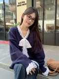 KYLETHOMASW  -  Knitted Sweater Women Lace Patchwork Bow V Neck Autumn Winter Pullover Long Sleeve Fashion Loose Stretch Female Jumper