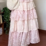 KYLETHOMASW  -  Princess Style Lace Tiered Pink Maxi Skirt Spring Summer Multi-Layer Ruffle A-Line Birthday Party Kawaii Long Skirts for Women
