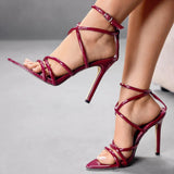 KYLETHOMASW  -  Sexy Pointed Toe Cross Strap Thin High Sandal Women Summer Fashion Ankle Strap Party Slingback Pumps Elegant Party Stripper Shoe