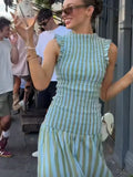 KYLETHOMASW  -  Elegance Sleeveless Striped Pleated Women Dress Slim A-line Flared Chic Robes 2025 Summer Party Vacation Female Maxi Dresses