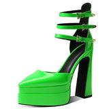 KYLETHOMASW  -  Red Black Patent Leather Pointed-Toe Platform Pumps Multi-Strap Design Gold Buckles Chunky Block Heel Elegant Looks for Women
