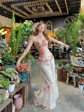 KYLETHOMASW  -  Summer Women Two Piece Set Floral Corset Top and Lace Midi Skirt Elegant Mesh Outfit Slim Fit Vintage French Style Beach Suit