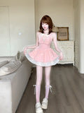 KYLETHOMASW  -  Kawaii Pink Mini Dress Women Fashion Party Bow Patchwork Ball Gown Dresses Summer Y2K Sexy Gyaru Halter Bodycon Vestidos