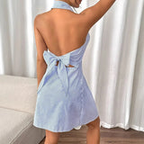 KYLETHOMASW  -  Elegant Striped A Line Dress Summer Women Sexy Button Strap Halter Backless Bow Mini Dress Slim Vintage V-Neck Vestidos