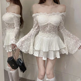 KYLETHOMASW  -  French Dopamine Pure Desire Shoulder Baring Temperament Lace Base Shirt for Women Slim Fit and Slimming Internet Famous Top