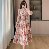 KIylethomasw French Chic Women V Neck Flower Print Chiffon Midi Dress 2024 New Spring Long Sleeve Drawstring Waist Holiday Floral Sweet Dress