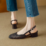 KYLETHOMASW  -  Woven Square-toed High-heeled Sandals Summer Fashionable Skeletonized Leather Fabric Mid-heel Shoes Zapatillas De Mujer