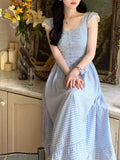 KYLETHOMASW  -  Slim Blue White Checkered Waistband Flying Sleeves Elegant Dress Women Summer New Long Checkered Vestidos