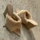 KYLETHOMASW  -  Plush Women's Autumn Slippers French Pointed Open-toed Fluffy Slippers Home Outdoors Fashion Wedge Shoes Women Heels Highquality