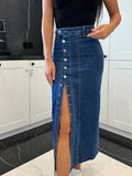KYLETHOMASW  -  Women's Denim Skirt Solid Color High Waist Oblique Button Up Split Long Skirt for Travel Party