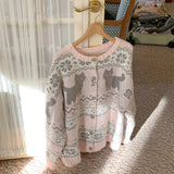 KYLETHOMASW  -  Kawaii Pink Knitted Cardigan Women Harajuku Cartoon Print Sweater Outerwears Korean Knitwears Winter Fashion Cute Jumpers