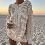 Kylethomasw  -  Women's Loose Sweater Autumn O-neck Twist Casual Sweater Solid Color Long Sleeve Pullover Women's Knitted Sweater Street