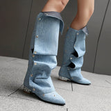 KYLETHOMASW  -  Women's Runway Denim Slouchy Boots Light Blue Chic Snap Fastener Boots Black Pearl Back Zip Modern Shoe Biggest Size 48