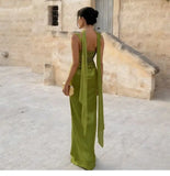 KYLETHOMASW  -  New Skinny French Haute Satin Waist Dress Elegant Green Neck Ribbon Dress Women