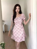 KYLETHOMASW  -  Retro Two-piece Contrasting Plaid Dress Women Summer New Style Temperament Lace Up Bubble Sleeve Short Dresses