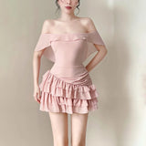 KYLETHOMASW  -  Summer New Women's Clothing One-word Collar Off-the-shoulder Ruffle Leaf Edge Hip-wrapped Cake Dress