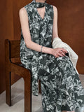 KYLETHOMASW  -  2025 New Korean Chic Summer Retro Ethnic Style V-neck Floral Print Strap Waist Cinching Slimming Floral Vest Dress