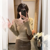 KYLETHOMASW  -  Lace Splicing Knitted Sweater Unique Beautiful Maturi Winter Faion Commute Sle Slim Fit Long Sve  Color