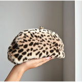 KYLETHOMASW  -  Winter Fluffy Faux Fur Leopard Print Clutch Purse Vintage Kiss‑lock Half‑moon Women Party Handbag Detachable Chain Shoulder Bag