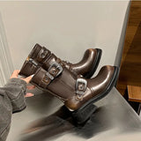 KYLETHOMASW  -  Autumn Winter Metal Belt Buckle Women Motorcycle Boots Fashion Rivet Patent Leather Platform Wedge High heels Chunky Boots Shoes