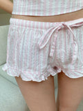 KYLETHOMASW  -  Pink Striped T-Shirt Shorts Set Women Buttons Lace-up Puff Sleeve Top+Ruffles Drawstring Short Pants Cotton Pajama 2 Piece Sets