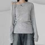 KYLETHOMASW  -  Slant shoulder lace up drawstring long sleeved T-shirt for spicy girls, waist cinching, pleating, side slit versatile top