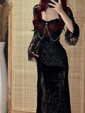 KYLETHOMASW  -  Dark Gothic Lace Splicing Long Sleeve Sexy Dress Summer New Spicy Girl Slimming Wrap Hip Split Long Dress for Women