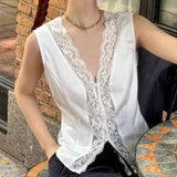 KYLETHOMASW  -  Spring Summer T Shirt for Women Lace Patchwork V Neck Korean Fashion Ropa De Mujer Simple Elegant Solid T-shirts