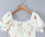 KYLETHOMASW  -  Retro White Flower Bow Ruched Chest Lace Slash Collar Satin Mini Dress Women Short Puff Sleeve Low Waist Swing Dresses Robe