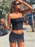 Kylethomasw Sexy Ruched Mesh 2 Piece Set Women Matching Dress Set Summer Strapless Tube Top And Mini Skirts Sets Party Beach Outfits