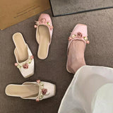 KYLETHOMASW  -  Satin Flower Slippers Women 2024 Summer Non-slip Casual Slide Comfy Light Fashion Ethnic Style Sandals Flat Floral Mule Shoes