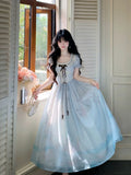 KYLETHOMASW  -  Sweet Lolita Princess Puff Sleeve Lace Ruffle Bow Corset Sky Blue Ombre Long Dress Women Girls Beach Vacation Party Daily Wear