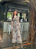 KYLETHOMASW  -  Retro Printed V-neck Kink Dress for Women in Spring and Autumn Slim Temperament Seaside Vacation Atmosphere