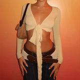 KYLETHOMASW  -  Ins niche design irregular deep V-knot tied long sleeved cover shirt solid color basic versatile temperament short cardigan