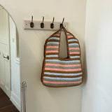 KYLETHOMASW  -  Retro Contrasting Striped Straw Woven Shoulder Bag Hand Crocheted Large Capacity Bag Casual Beach Vacation Hand-held Straw Bag