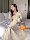 KYLETHOMASW  -  Ladies Dress Summer New Elegant Embroidered Hook Flower Lace Short Sleeve Waist Long Elegant Dresses