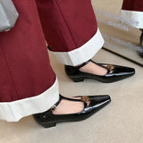 KYLETHOMASW  -  New Retro Women's Mary Jane Leather Buckle Thick Heel Square Toe Women's Metal Flower Women's Shoes 34-40