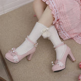 KYLETHOMASW  -  Women Ankle Strap Lolita Pumps Round Toe Thick High Heels Buckle Ruffles Bow Kawaii Ladies Cosplay Shoes Spring Autumn