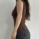 KYLETHOMASW  -  Drawstring square neck short sleeved T-shirt with women's lace patchwork design, high waist slim fit and slimming knit top