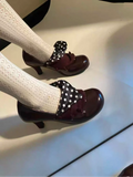 KYLETHOMASW  -  Retro Reddish-Brown Flap High Heels Round Toe Low Heel Niche Design Low-Cut Slip-On Mary Jane Shoes for Women.