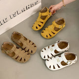 KYLETHOMASW  -  ONG Genuine Leather Hollow out Flat Roman Sandals Versatile Casual Cage oes mid Heel round Toe Summer Faion Women's oes