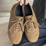 KYLETHOMASW  -  women's natural suede leather round toe lace-up flats oxfords high quality soft comfortable casual female flats shoes