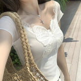KYLETHOMASW  -  Sexy Coquette Streetwear T Shirts Women Korean Fashion Vintage Bow Lace Patchwork V Neck Slim Tees Tops Summer Chic