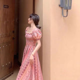 KYLETHOMASW  -  Elegant Vintage Floral Midi Dress Women Sweet Puff Sleeve Korean Slim Fairy Dress Female 2025 Summer Casual Evening Party Dress